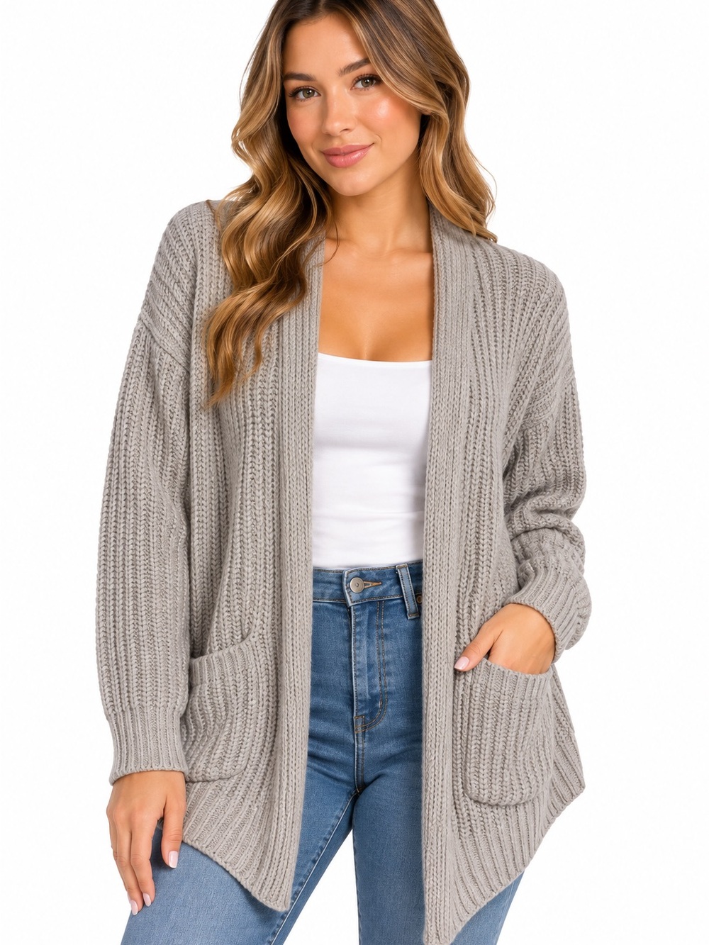 a.n.a. Women’s Chunky Knit Open Front Cardigan Gray Size Medium M Pocket Sweater
